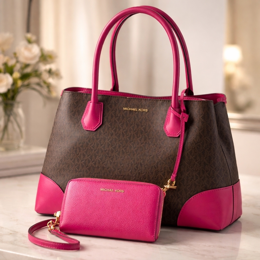 Michael Kors Brown Monogram Tote with Pink Trim and Wallet